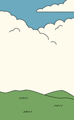 Green hills on the background of cumulus clouds. Vector illustration. Sketch for creativity.