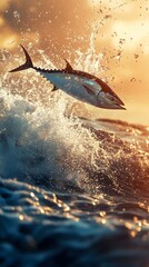 Tuna leaps in a dramatic ocean sunset