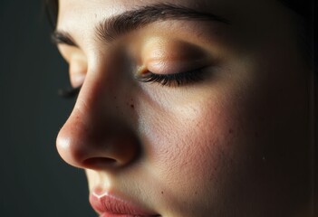 Close-up of a woman with closed eyes, showcasing her natural beauty and skin texture