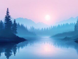 Fototapeta premium Serene Lake at Sunrise Reflecting Forest and Mountains in Pastel Hues Landscape View of Tranquil Nature Scene