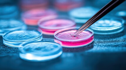 Close-up view of scientific petri dishes with liquid samples.