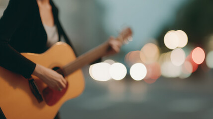 solo musician playing guitar surrounded by vibrant blurred lights of city at night
