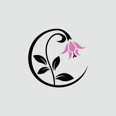 Naklejka premium Elegant pink flower with black leaves and decorative circle design on a light gray background