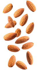Blanched almonds gently drifting with realistic texture and natural lighting, isolated on transparent background