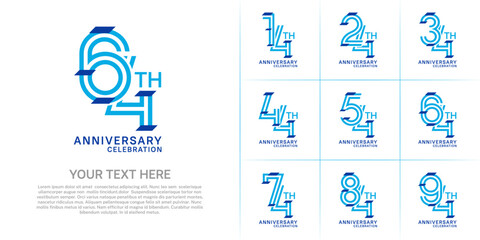 Anniversary set design with double line number. blue color with confetti for celebration event