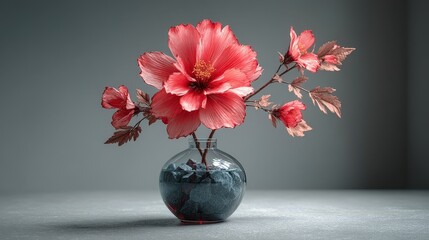 Minimalist Red Flower Arrangement in Glass Vase with Stones