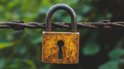 Close Up of a Weathered Padlock Hanging on Barbed Wire Security Concept Macro Shot