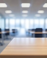 Office space with desk foreground, modern workspace, empty room, bright light, interior design, no people