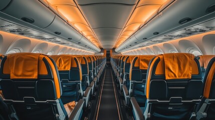 Airplane Interior View Showing Rows of Seats and Overhead Compartments in Warm Lighting Perspective