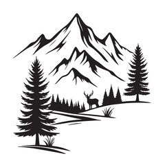 Obraz premium black and white color Mountain Landscape with Trees Silhouette