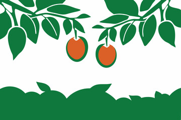 Minimalist illustration of orange fruit on branch with leaves and green bush background