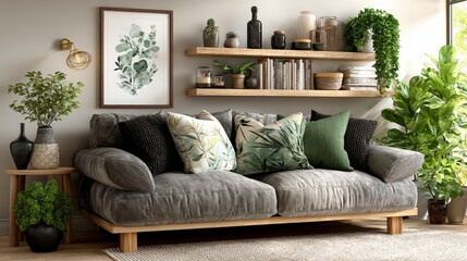 Fototapeta premium Modern Living Room Interior Design Cozy Sofa Plants Shelves
