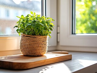 Fresh basil plant in a rope pot on a windowsill