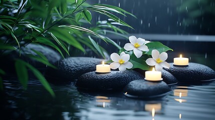 Peaceful rain, stones, flowers, candles