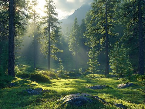 Sunbeams pierce misty mountain forest