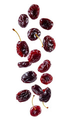 Dried cherries falling on transparent background, healthy snack