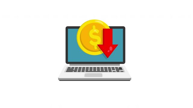 Animated flat style graphic of a laptop screen with a red downward arrow and a gold coin with a dollar sign, representing online financial loss, decreasing profits, or negative economic trends. Ideal 