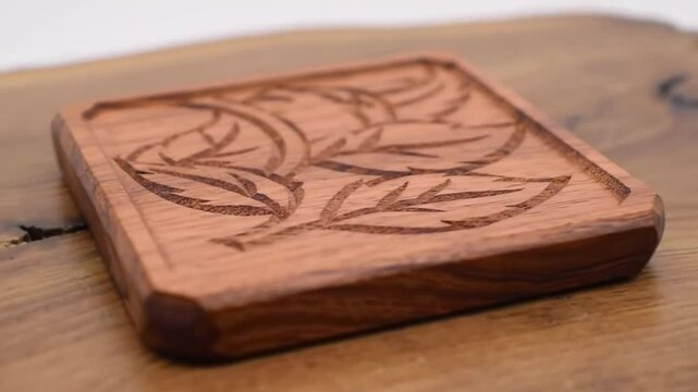 Detailed Wooden Square Coaster Featuring Carved Leaf Design as a Blank Mockup on Rustic Wooden Surface Suitable for Decoration or Logo Presentation and Spring Theme