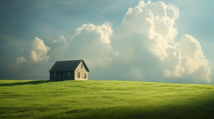 Obraz premium Solitary farmhouse on a verdant, expansive plain under a dramatic sky.