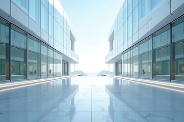 Futuristic Symmetrical Glass Architecture with Reflections and Minimalist Design