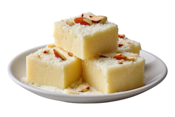 Indian milk sweets with coconut and nuts on plate isolated on transparent background