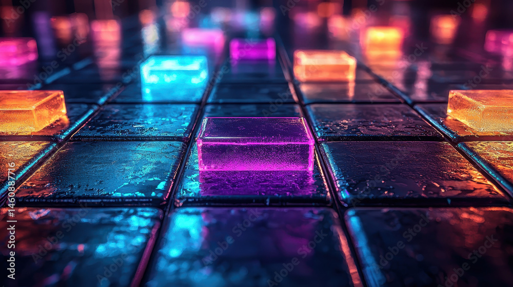 Poster a visually complex 4k 3d background features realistic colorful cubes on a reflective surface in a s