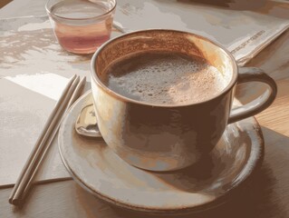 Warm drink in a cup on a table, a soft color palette.