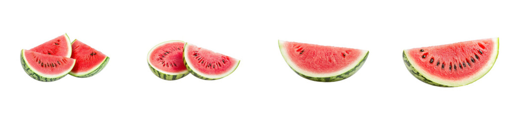 Ripe watermelon fruit slices isolated in row, cut out transparent