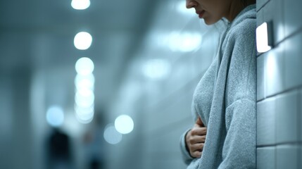 Emotional woman in corridor, wearing gray sweater, reflecting deep thoughts, captured in dim lighting, conveying feelings of sadness and introspection in urban environment