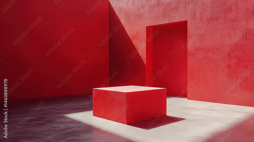 Poster a vibrant red 3d background showcasing visual harmony with a realistic block object viewed from a si
