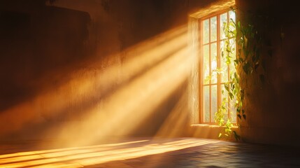 Ethereal sunlight entering dim room through aged glass window, mystical atmosphere