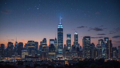 Obraz premium Illuminated Skyline: Modern Cityscape Under a Starry Dusk Sky
