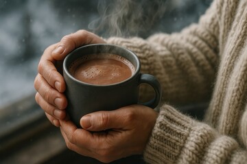 Hands holding a steaming mug of hot chocolate on a cold day, enjoying warmth