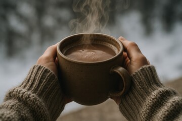 Hands holding a steaming mug of hot chocolate, enjoying warmth on a cold day