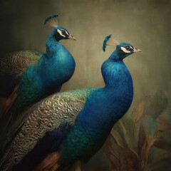 Two vibrant peafowl in a detailed, artistic setting.