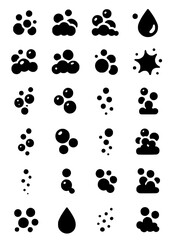Fototapeta premium Bubble foam icon set. Vector glyph pictograms of water bubbles, sparkle, cleanliness, air movement, effervescent, underwater black silhouette illustration.