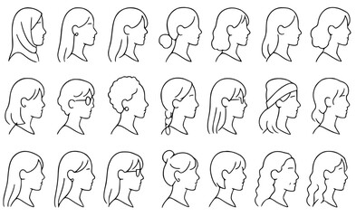 Female head line icon set. Vector pictograms of beauty lady, sunglasses, earrings, ethnic, scarf, hat, expression, elegant, youth woman, modern, thin linear illustration.