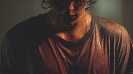 Close-up view of a drenched, distressed person's torso.