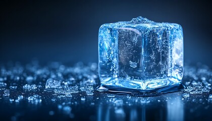 Single ice cube melting, water droplets