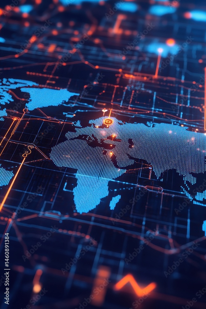 Poster digital world map network connection background high angle view futuristic technology global communi