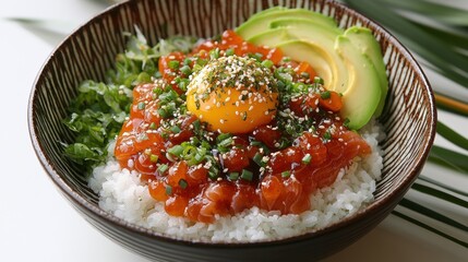 Delicious salmon and avocado poke bowl garnished,Diet menu, Vegan food,Healthy food photography,vibrant color composition,top view presentation.