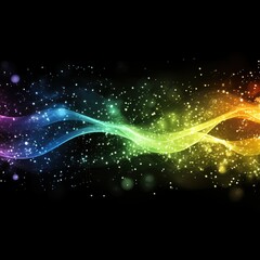 Fototapeta premium Abstract rainbow waves flow with light particles on black background studio shot graphic design element