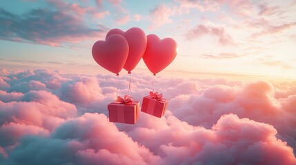 Fototapeta premium A Box flying on a parachute with pink cloud in valentine day,package flying down from sky and cloud with parachute, concept for delivery service,shopping online,air delivery service.
