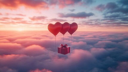 Fototapeta premium A Box flying on a parachute with pink cloud in valentine day,package flying down from sky and cloud with parachute, concept for delivery service,shopping online,air delivery service.