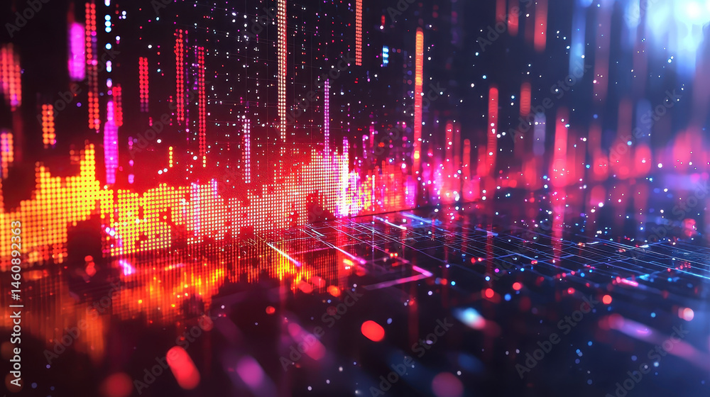 Poster realistic 3d waveforms glow in 4k with side angle perspective, creating a vibrant digital background