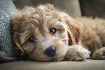 Adorable fluffy puppy resting on a cozy couch.
