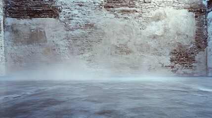 Grungy interior with exposed brick wall and hazy floor.