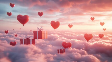 Fototapeta premium A Box flying on a parachute with pink cloud in valentine day,package flying down from sky and cloud with parachute, concept for delivery service,shopping online,air delivery service.