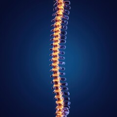 Human Spine Anatomy Model Glowing on Dark Background Vertical View Medical Illustration Health Care Concept