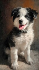 Fototapeta premium A charming puppy, seated, exhibits playful expression.
